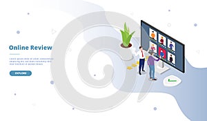 Online review campaign for web website template page landing home homepage with isometric flat style