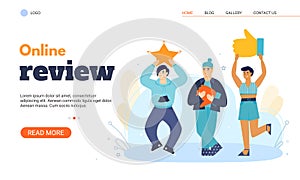 Online review website banner, people with star, thumbs up and down symbols