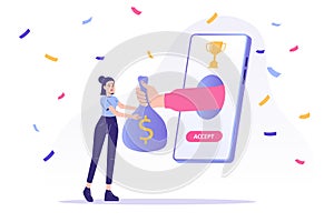 Online reward concept. Happy woman receive a coin sack from hand popping from smartphone screen. Digital referral and reward