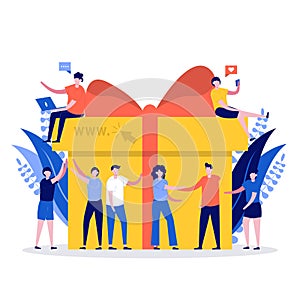 Online reward concept. Young group of happy people getting bonuses and receiving gift boxes. Vector illustration for loyalty