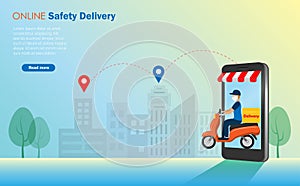 Online safety delivery. Delivery man riding scooter from smart phone screen wearing glove and face mask deliverly foods and parcel