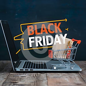 Online sale and Black Friday concept, laptop and shopping cart