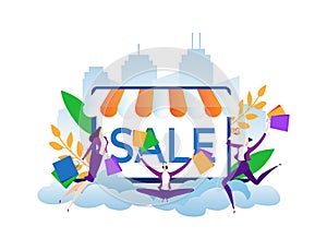 Online sale, buy at internet vector illustration. Business people use internet shop, make flat purchase at digital store