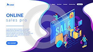 Online sales pro concept Isometric 3D landing page.