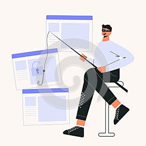 Online scam and hacker fraud concept flat vector illustration. Internet phishing stealing confidential data, personal