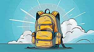 Online School Banner. Vibrant Yellow Backpack with Scientific Doodles on Checkered Paper Background