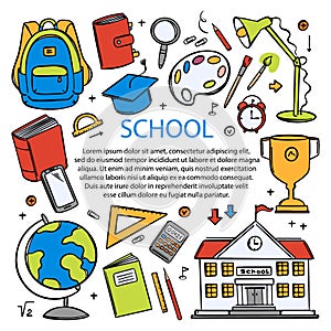 ONLINE SCHOOL Education Concept Web Banner Doodle Vector Set