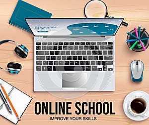 Online school education vector banner background. Online school improve yor skills text with digital tools like laptop, mouse.