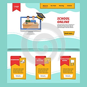 Online school flat landing page website template. Homework, call to class, interactive board. Web banner with header