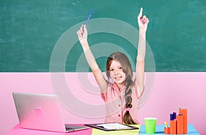Online school. Pupil study digital technology. Educative content. Schoolgirl surfing internet. Parental advisory concept