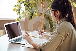 Online school teacher, tutor teaching virtual class video call on laptop.