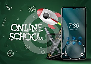 Online school text vector design. E learning online education using technology device for homeschooling.