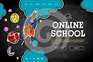 Online School. Web banner template Doodle style, vector illustration