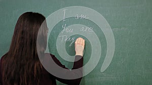 Online schooling. Female teacher is holding online English lesson. She is writing grammar rules with chalk on blackboard