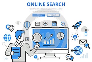 Online search results SEO concept flat line art vector icons