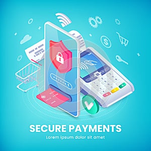 Online secure nfc smartphone payment isometric banner concept. Internet payments protection vector illustration with 3d