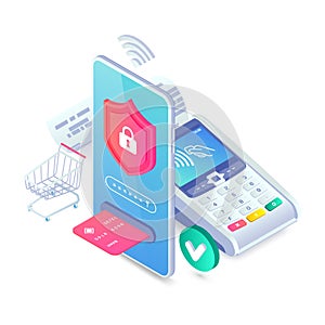 Online secure nfc smartphone payment isometric concept. Internet payments protection vector illustration with 3d mobile phone, pos