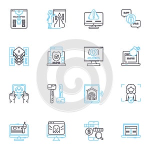 Online security linear icons set. Encryption, Firewall, VPN, Malware, Cybercrime, Phishing, Two-factor line vector and photo