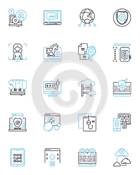 Online security linear icons set. Encryption, Firewall, VPN, Malware, Cybercrime, Phishing, Two-factor line vector and photo