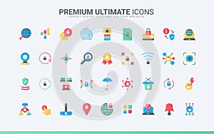 Online security trendy flat icons set, cybersecurity system and hosting on server, data update