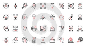 Online security trendy red black thin line icons set, cybersecurity system and hosting on server, data update.