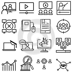 Online seminar vector icon set. web training illustration sign collection. network marketing symbol.