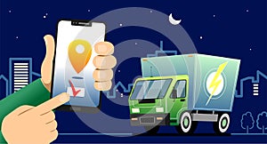 Online service app of fast round-the-clock, night delivery on a smartphone; truck with order delivery. Man tracking an order using