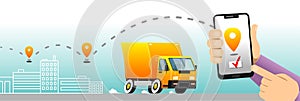 Online service of fast delivery app to a smartphone; truck with order delivery. Man tracking an order using his smartphone. A city