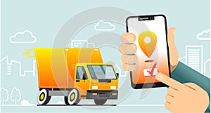 Online service of fast delivery to a smartphone; truck with order delivery. Man tracking an order using his smartphone, a city