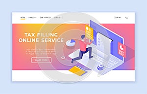 Online service for filling out tax information. Man submits business report on website