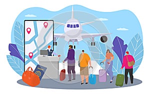 Online service for plane travel, vector illustration. Flat people character wait for trip, tourism journey business