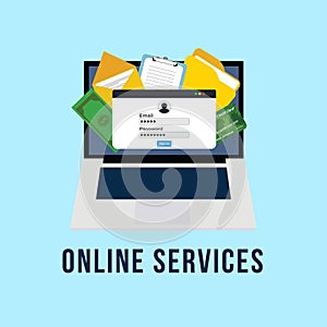 Online services on a computer with a credit card, email, and information vector. Online money transfer and payment service concept