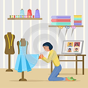 Online sewing masterclass, vector flat style design illustration