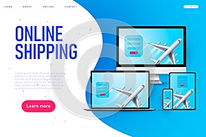 Online shipping vector web page template with plane 3d model into different devices.