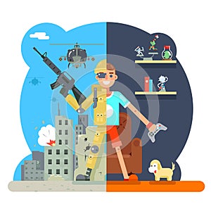 Online shooter gamer soldier immersion virtual reality living room battlefield flat design character vector illustration