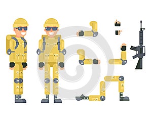 Online shooter gamer soldier immersion virtual reality living room battlefield flat design character vector illustration