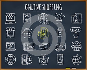 Online Shop chalk draw line icons vector set
