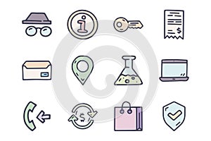 Online shop color vector doodle simple icon set