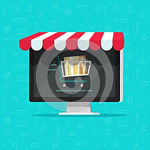 Online shop on computer vector illustration, e-commerce store, internet shop isolated, cartoon laptop as ecommerce on