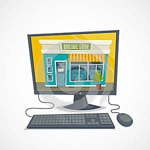 Online shop concept with computer shop building, computer mouse and keyboard, vector cartoon illustration