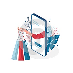 Online shop concept on an isolated white background. From the phone screen, a hand holding packages