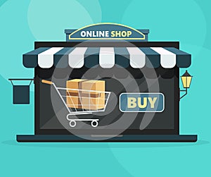 Online Shop Concept. Open laptop with buy screen and shopping basket. Vector