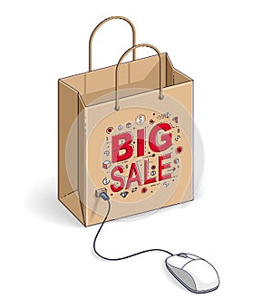 Online Shop concept, web store, internet sales, Shopping bag with pc mouse connected isolated on white background. Isometric