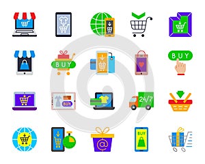 Online shop, ecommerce, internet buy, electronic payment flat icons set