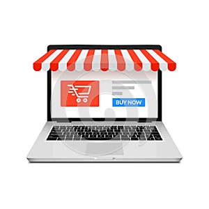 Online shop ecommerce store vector laptop. Buy cartoon flat digital online shop