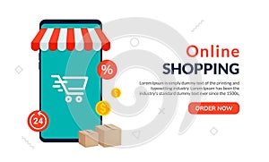 Online shop ecommerce store vector laptop. Buy cartoon flat digital online shop