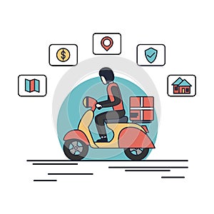 Online shop illustration. Delivery man with online store illustration. Home, location, map , money, scooter icon. man with scooter