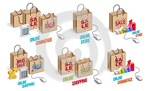 Online shop internet retail sale vector 3D illustrations set isolated on white background, shopping bags with pc mouse, store