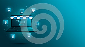 Online shop on laptop 3d. Social media shoping online. Shopping Online on website or laptop application concept. Marketing and dig