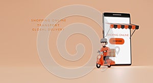 Online shop logistic motorcycle delivery with smartphone shopping online.